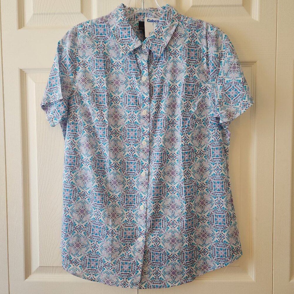 Worthington Men's Short Sleeve Button Up Shirt M Blue Purple 100% Cotton